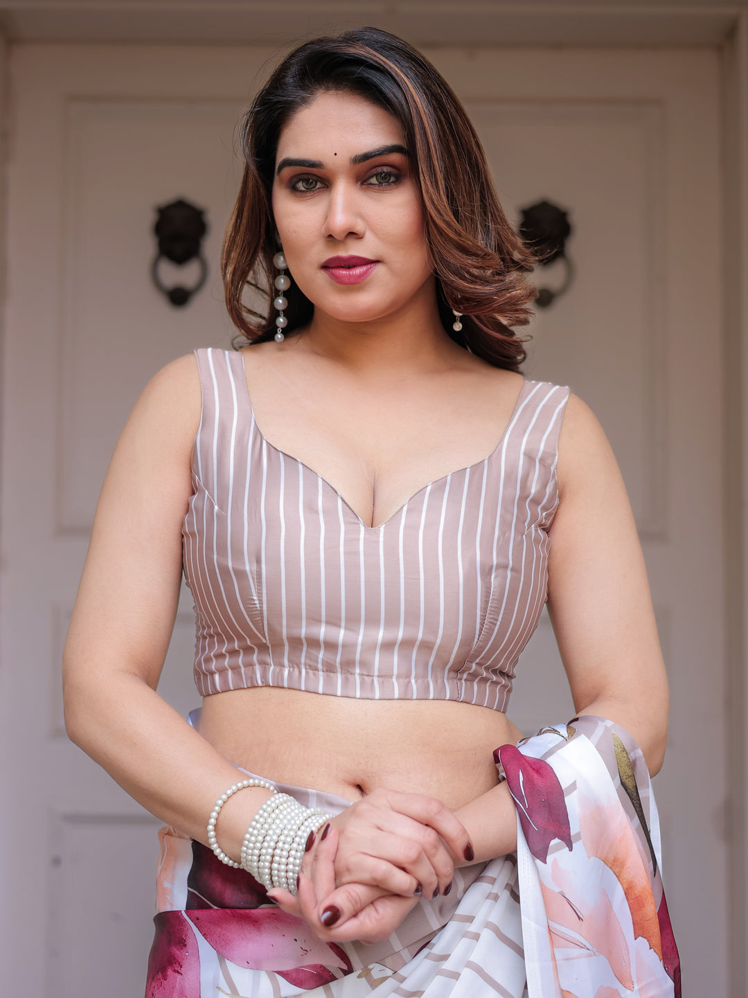 Ivory Beige Artistic Floral Printed Satin Georgette Saree with Matching Blouse – Elegant Festive & Party Wear