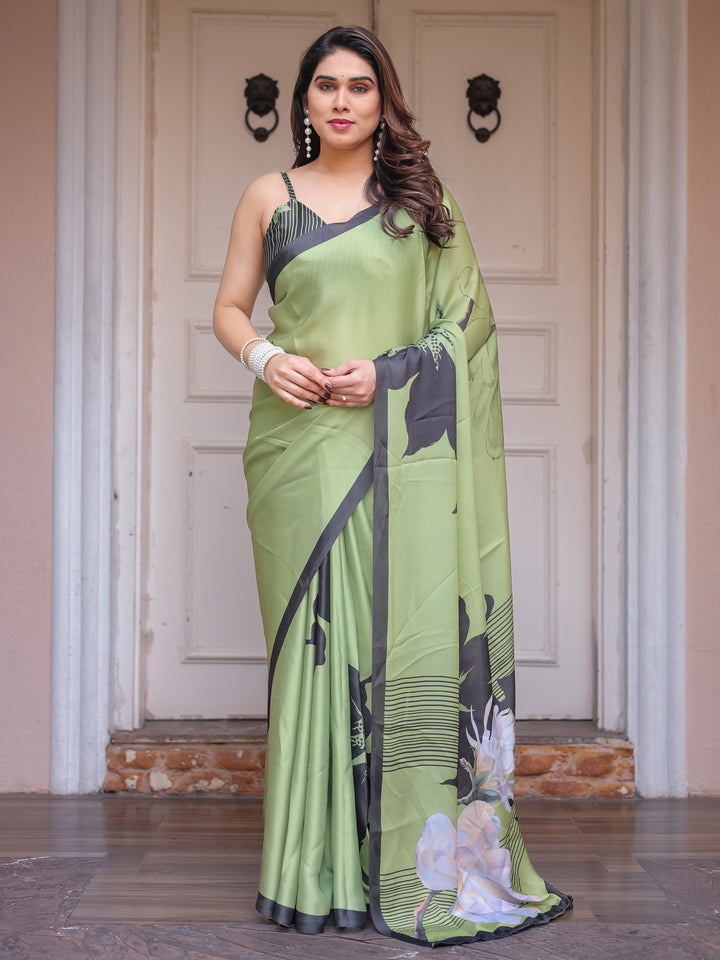 Olive Green & Black Artistic Floral Printed Satin Georgette Saree with Matching Blouse – Elegant Party & Festive Wear