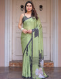 Olive Green & Black Artistic Floral Printed Satin Georgette Saree with Matching Blouse – Elegant Party & Festive Wear