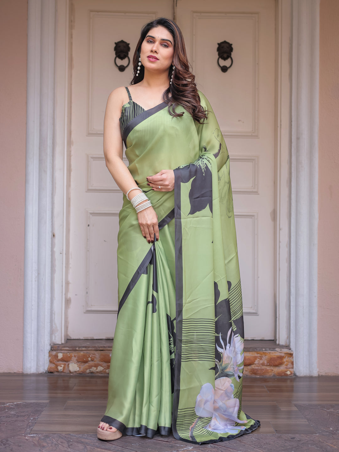 Olive Green & Black Artistic Floral Printed Satin Georgette Saree with Matching Blouse – Elegant Party & Festive Wear