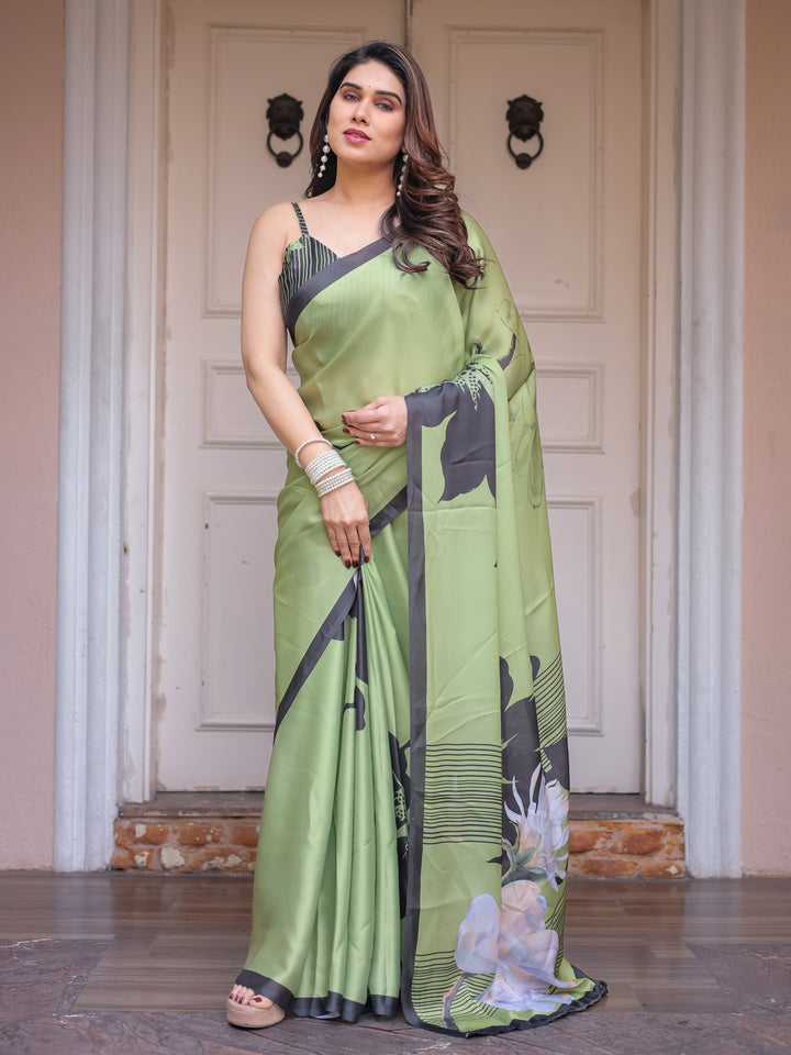Olive Green & Black Artistic Floral Printed Satin Georgette Saree with Matching Blouse – Elegant Party & Festive Wear
