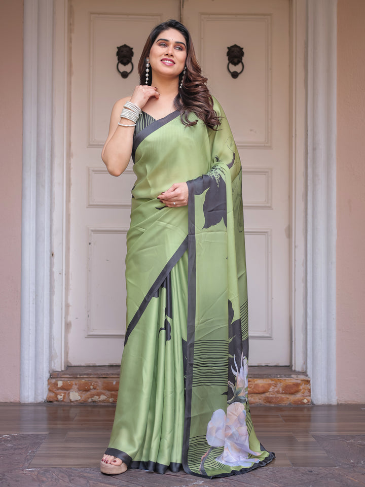 Olive Green & Black Artistic Floral Printed Satin Georgette Saree with Matching Blouse – Elegant Party & Festive Wear