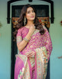 Magenta Pink Handloom Cotton Saree with Floral Vines & Royal Elephant Procession Pallu