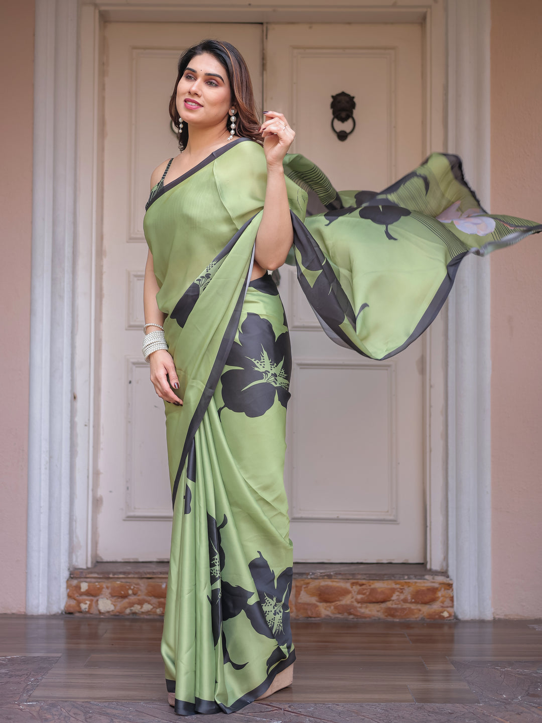 Olive Green & Black Artistic Floral Printed Satin Georgette Saree with Matching Blouse – Elegant Party & Festive Wear