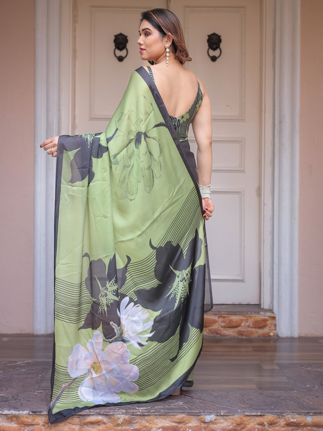 Olive Green & Black Artistic Floral Printed Satin Georgette Saree with Matching Blouse – Elegant Party & Festive Wear