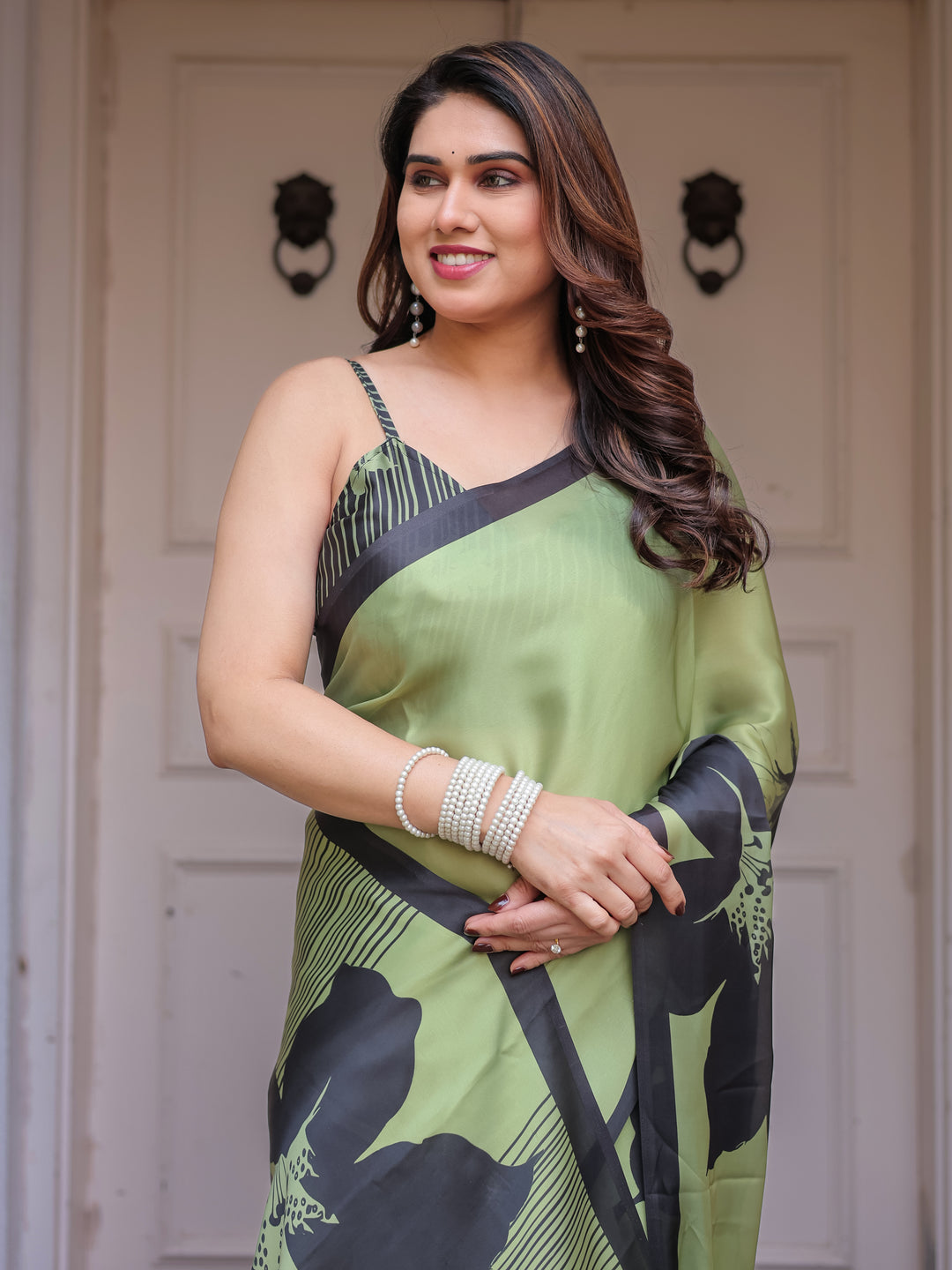 Olive Green & Black Artistic Floral Printed Satin Georgette Saree with Matching Blouse – Elegant Party & Festive Wear