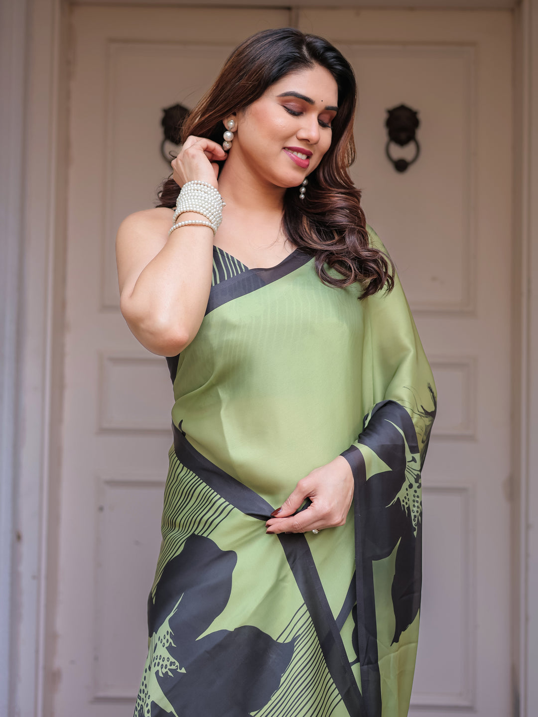 Olive Green & Black Artistic Floral Printed Satin Georgette Saree with Matching Blouse – Elegant Party & Festive Wear