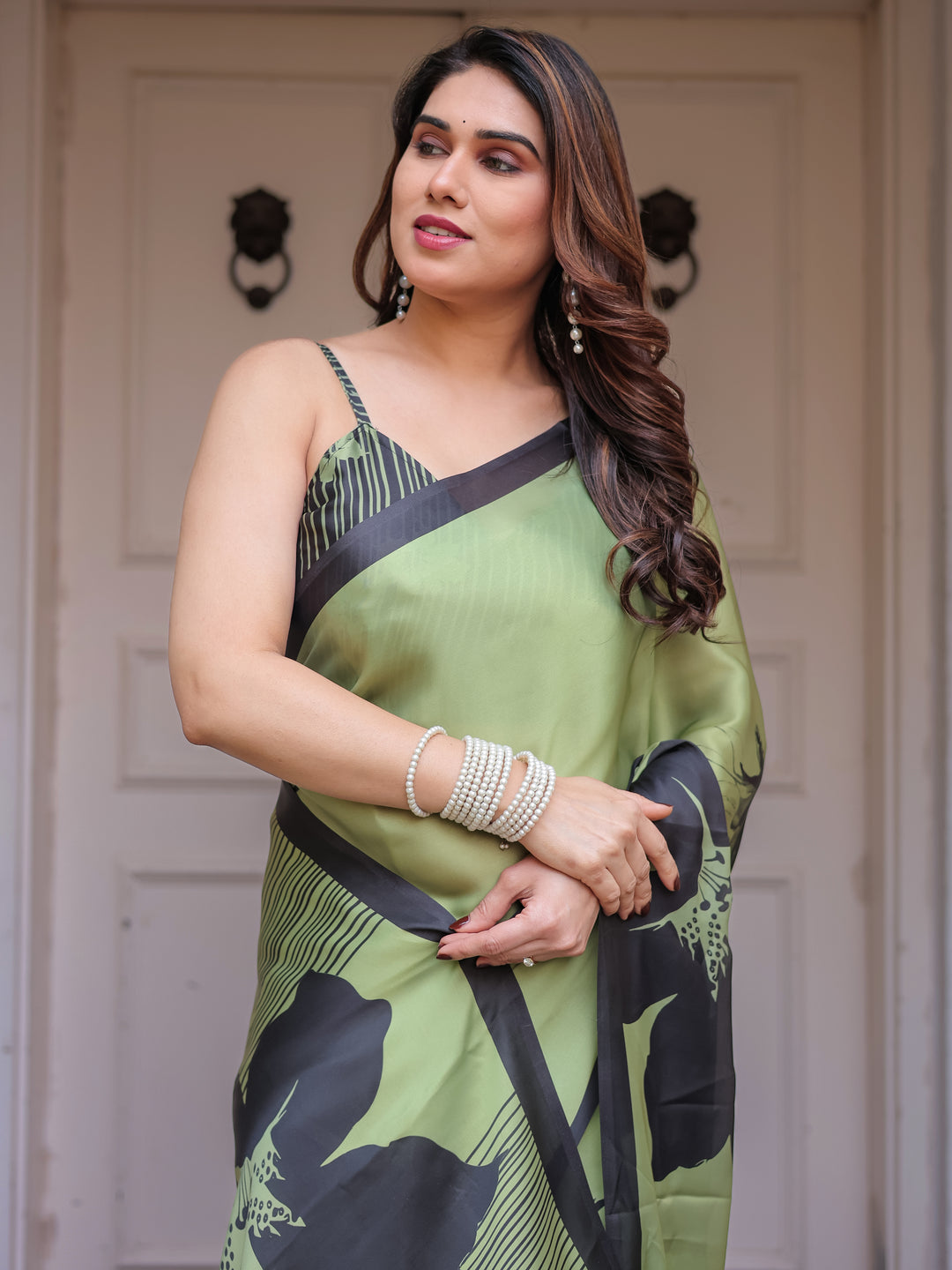 Olive Green & Black Artistic Floral Printed Satin Georgette Saree with Matching Blouse – Elegant Party & Festive Wear