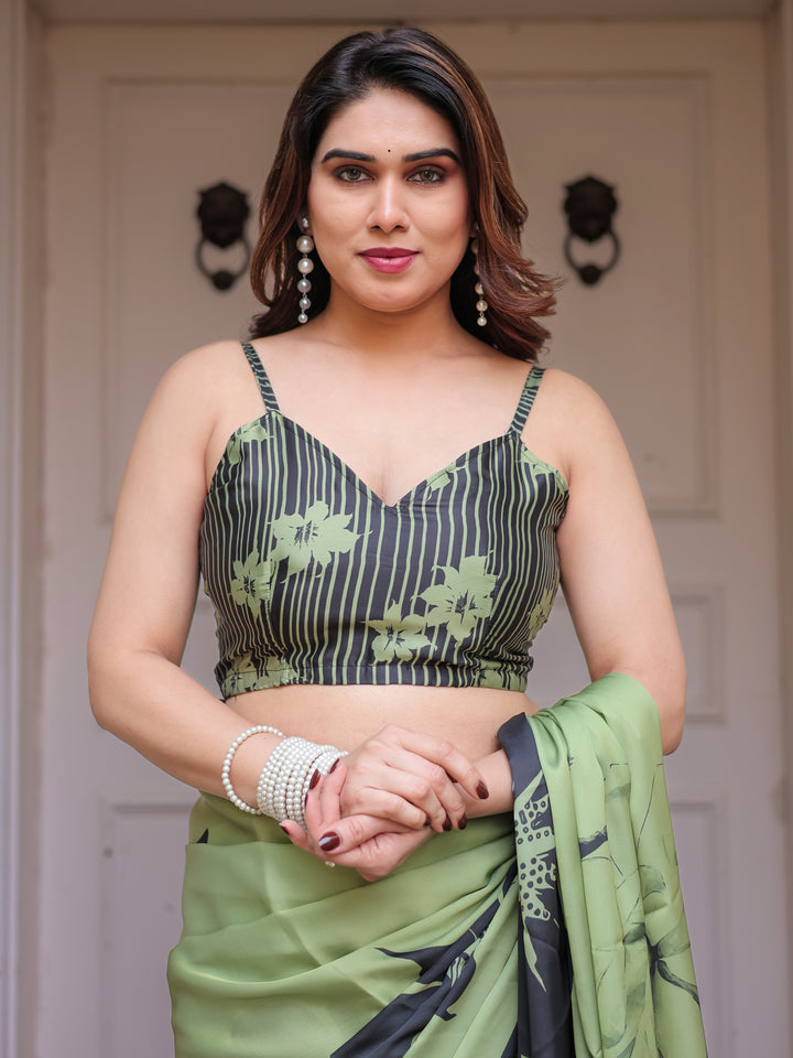 Olive Green & Black Artistic Floral Printed Satin Georgette Saree with Matching Blouse – Elegant Party & Festive Wear