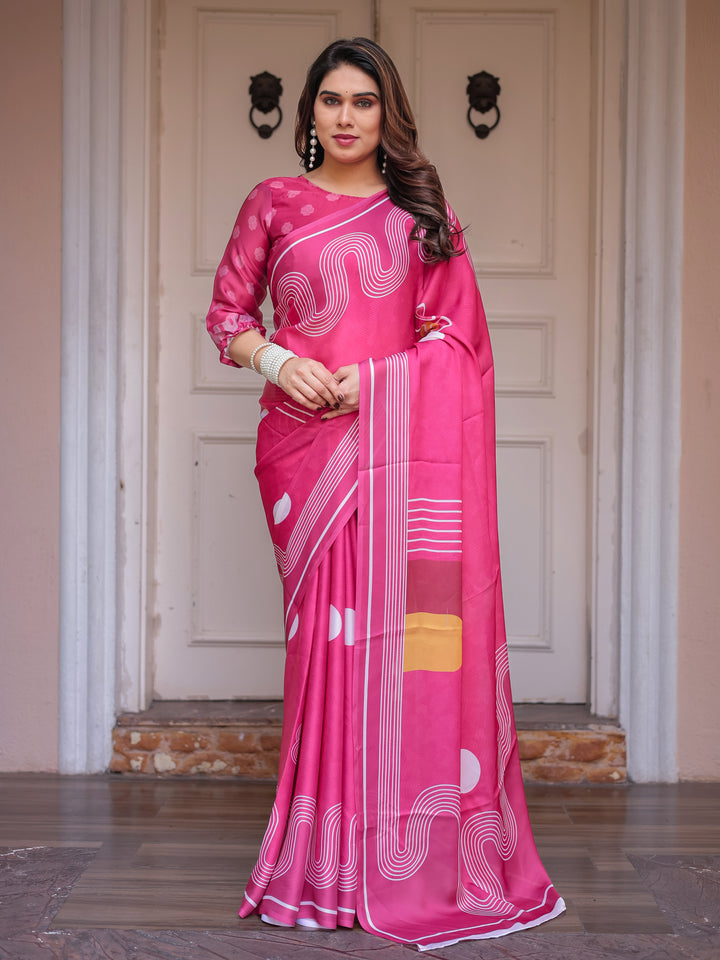 Wine & Ivory Artistic Horse Print Soft Satin Georgette Saree with Matching Blouse – Statement Contemporary Draping