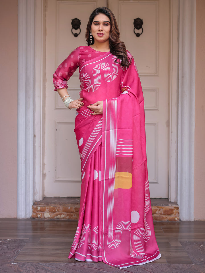 Wine & Ivory Artistic Horse Print Soft Satin Georgette Saree with Matching Blouse – Statement Contemporary Draping