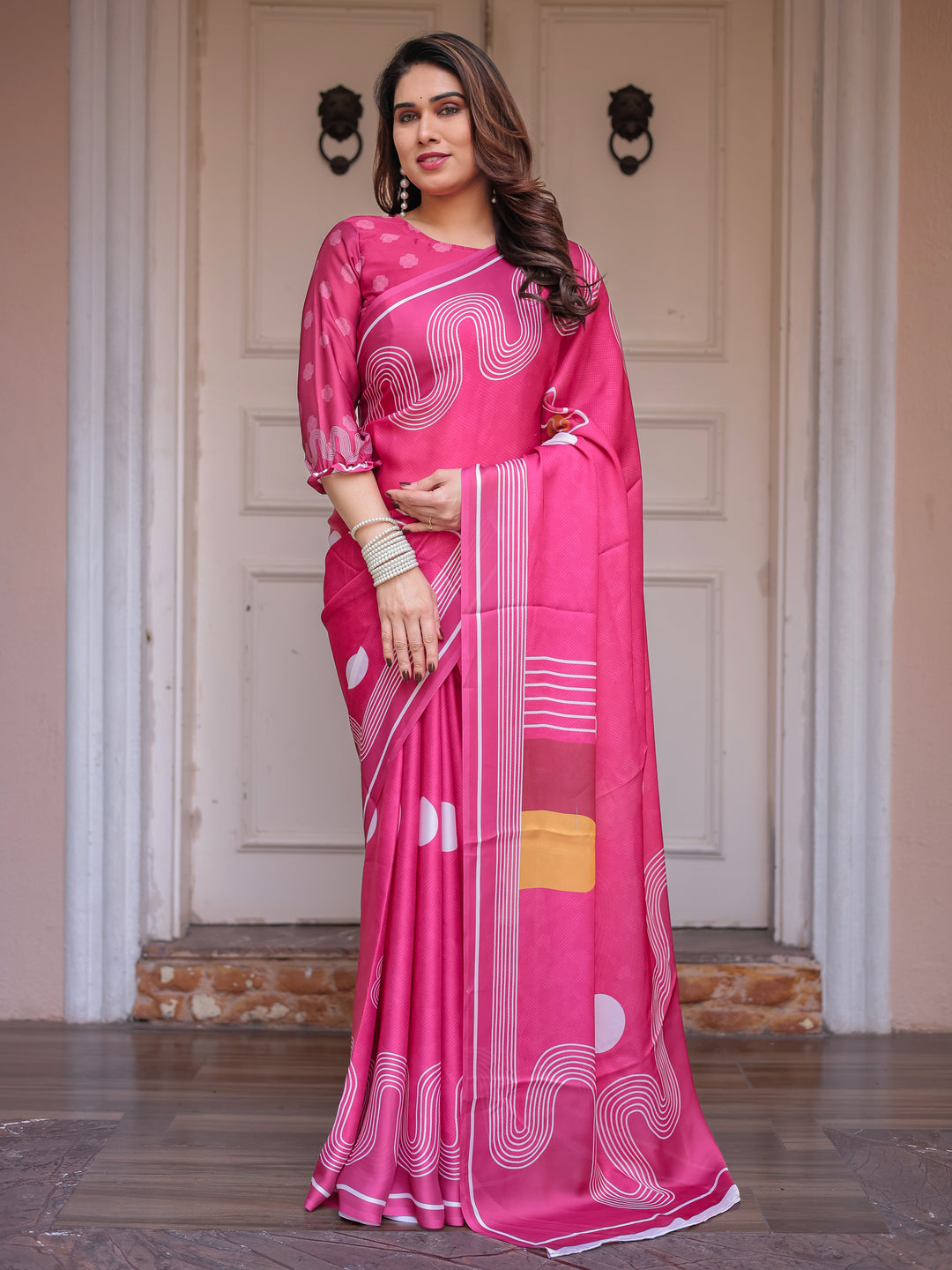 Wine & Ivory Artistic Horse Print Soft Satin Georgette Saree with Matching Blouse – Statement Contemporary Draping