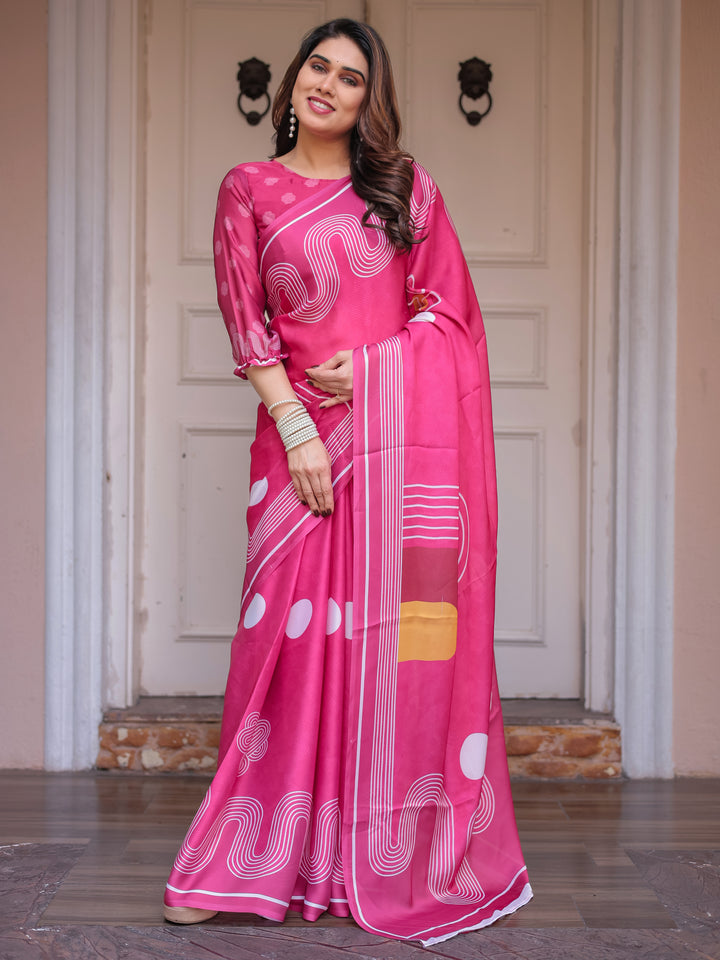 Wine & Ivory Artistic Horse Print Soft Satin Georgette Saree with Matching Blouse – Statement Contemporary Draping