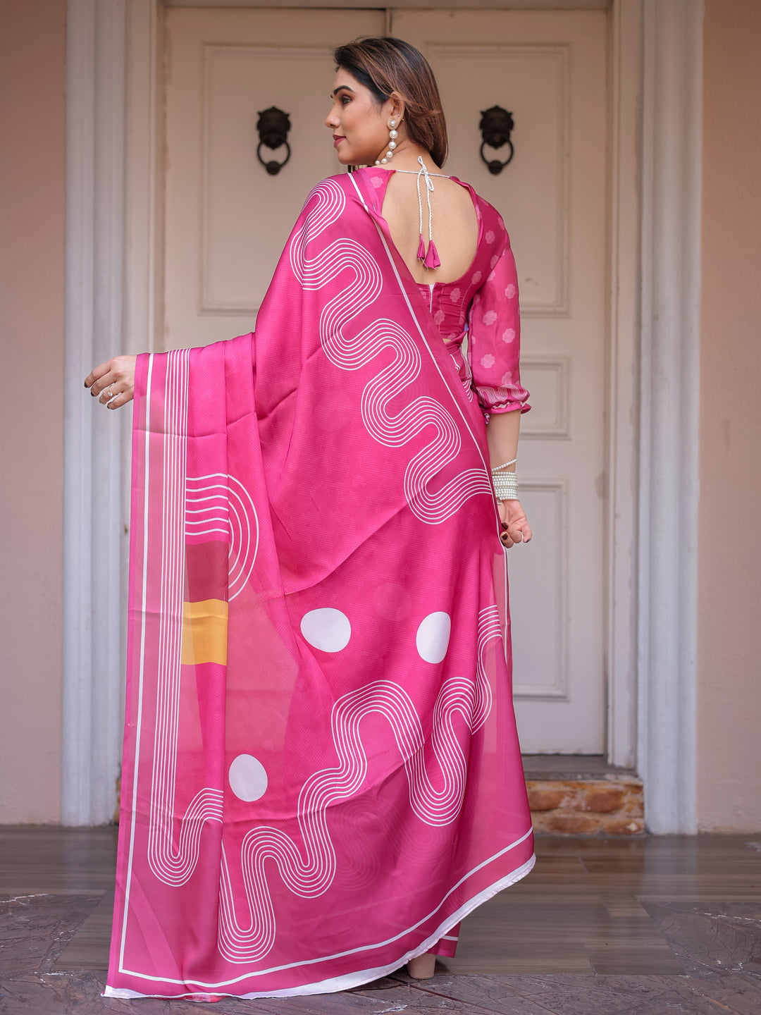 Wine & Ivory Artistic Horse Print Soft Satin Georgette Saree with Matching Blouse – Statement Contemporary Draping