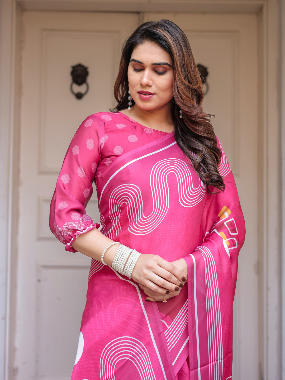 Wine & Ivory Artistic Horse Print Soft Satin Georgette Saree with Matching Blouse – Statement Contemporary Draping