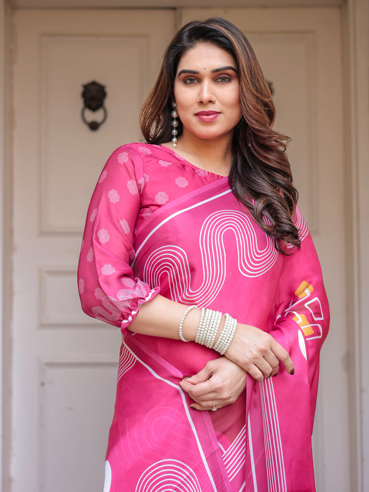 Wine & Ivory Artistic Horse Print Soft Satin Georgette Saree with Matching Blouse – Statement Contemporary Draping