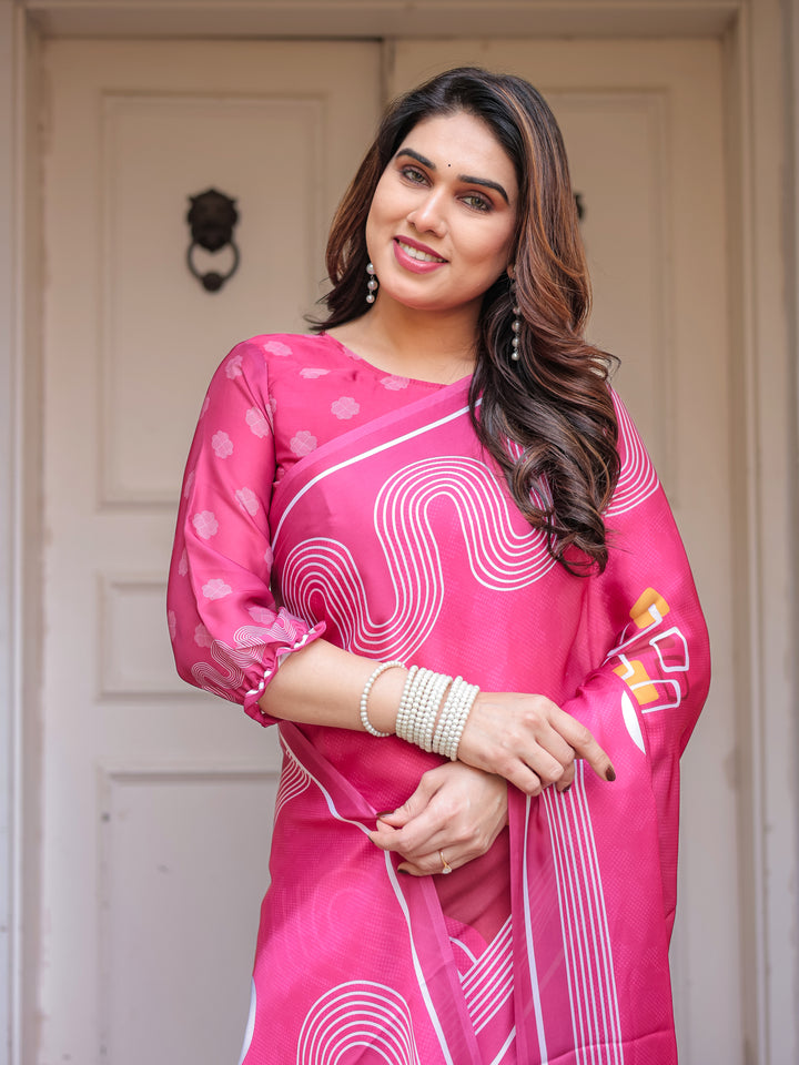 Wine & Ivory Artistic Horse Print Soft Satin Georgette Saree with Matching Blouse – Statement Contemporary Draping