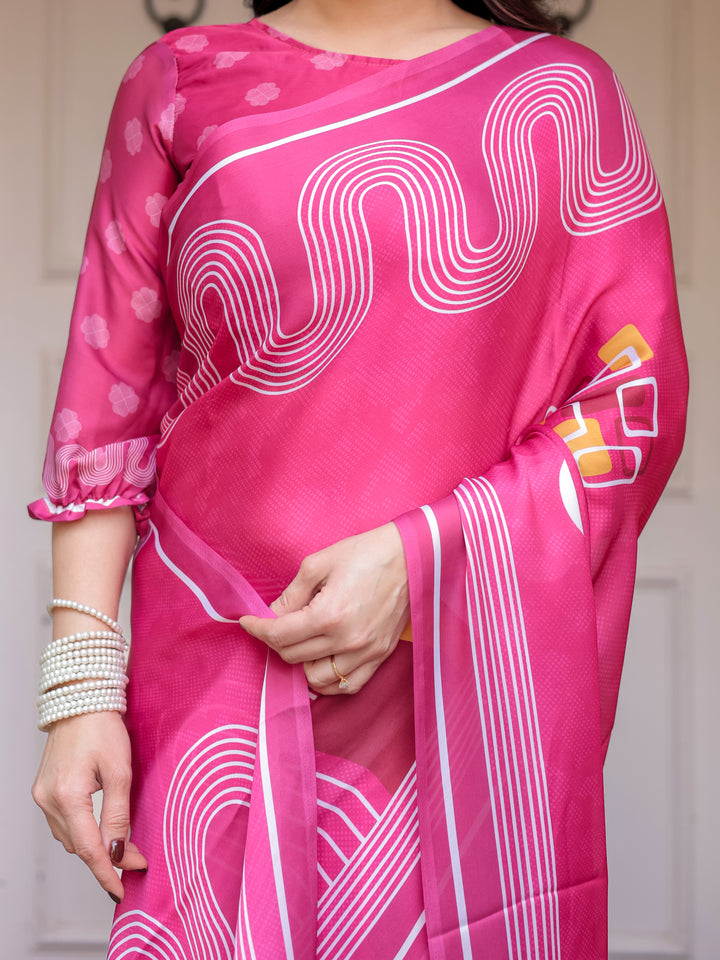 Wine & Ivory Artistic Horse Print Soft Satin Georgette Saree with Matching Blouse – Statement Contemporary Draping