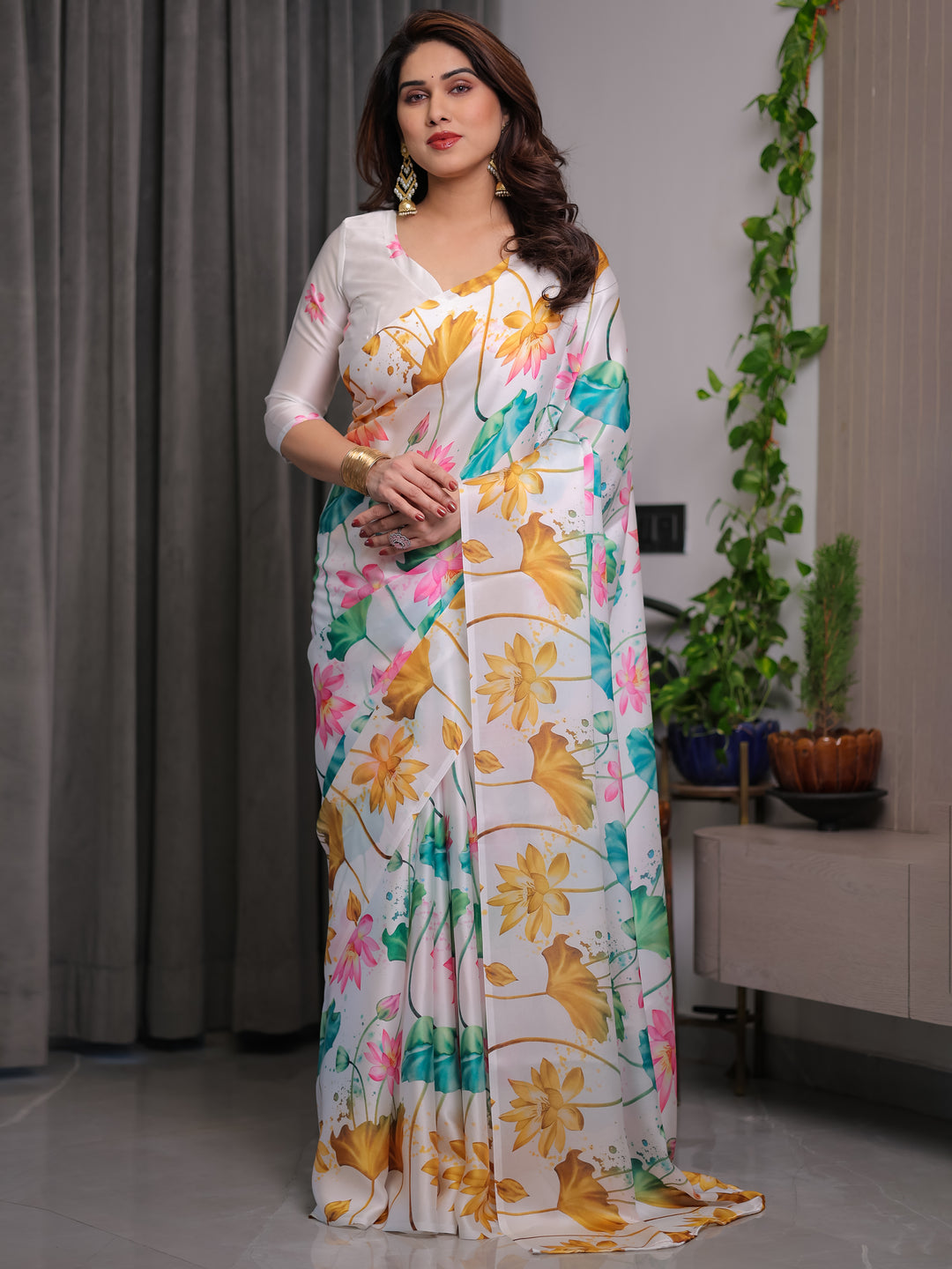 White Satin Georgette Lotus Floral Printed Saree with Attached Blouse – Elegant Watercolor Designer Saree for Festive & Graceful Occasions