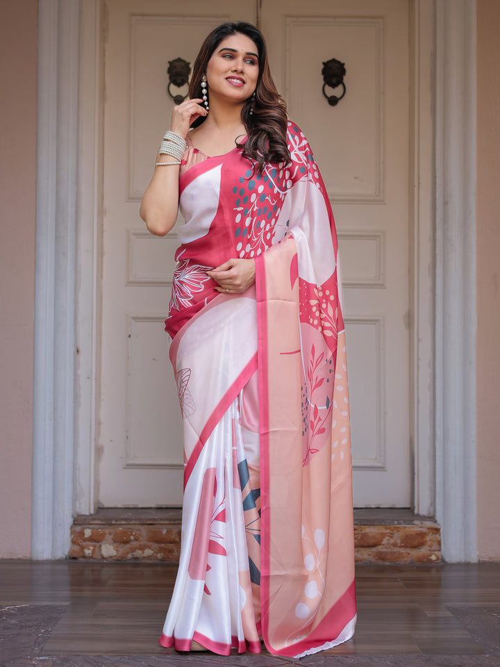 Peach Pink Botanical Printed Satin Georgette Saree with Matching Blouse – Soft Elegant Party & Day Festive Wear