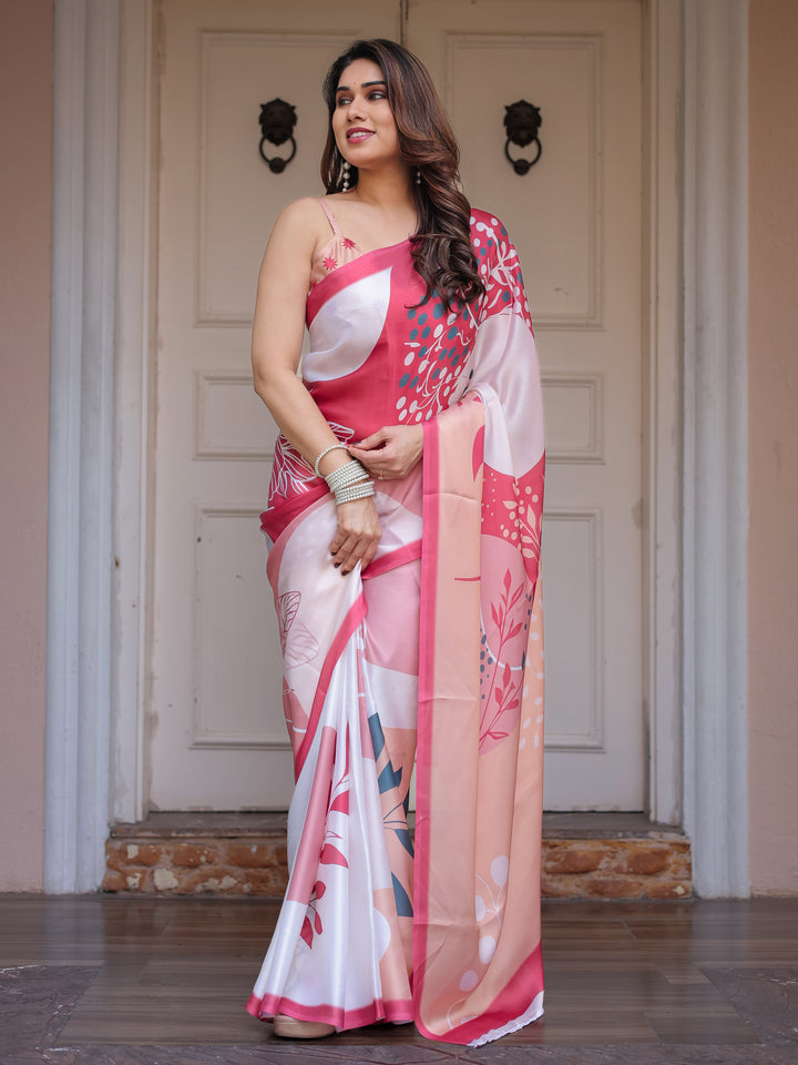 Peach Pink Botanical Printed Satin Georgette Saree with Matching Blouse – Soft Elegant Party & Day Festive Wear