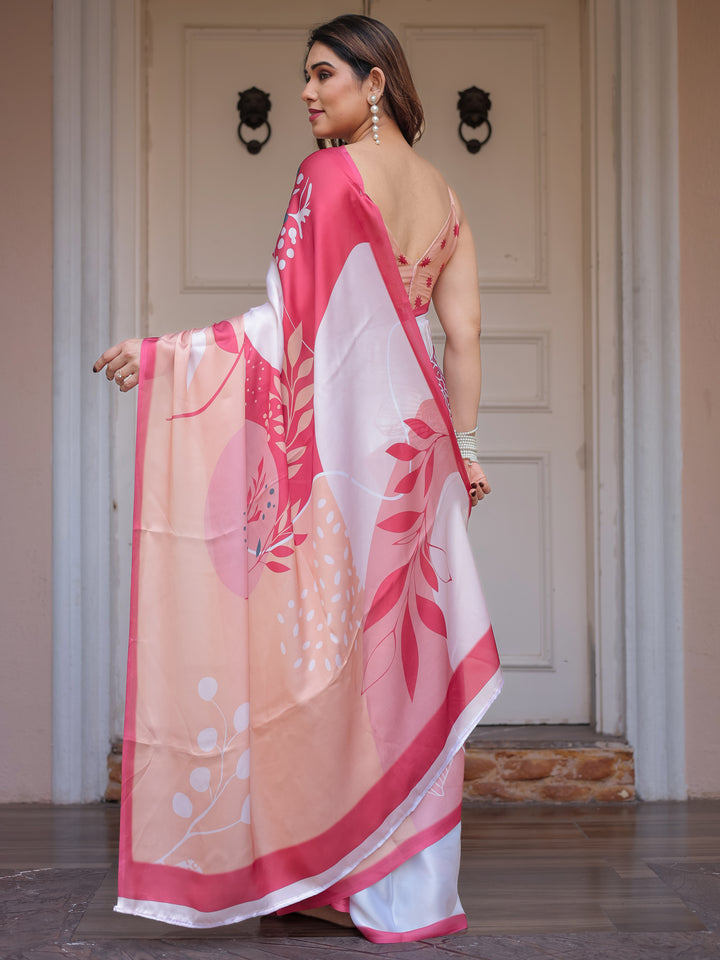 Peach Pink Botanical Printed Satin Georgette Saree with Matching Blouse – Soft Elegant Party & Day Festive Wear