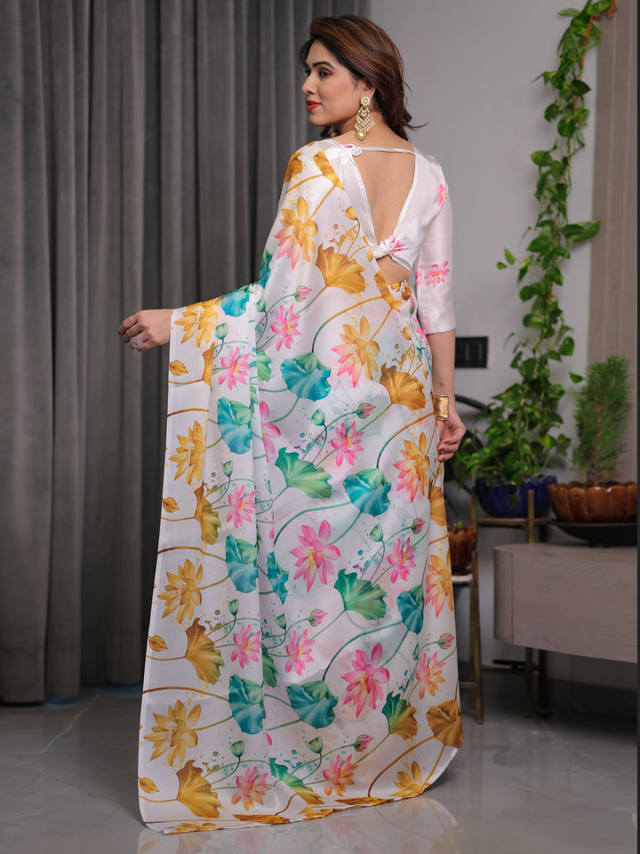 White Satin Georgette Lotus Floral Printed Saree with Attached Blouse – Elegant Watercolor Designer Saree for Festive & Graceful Occasions
