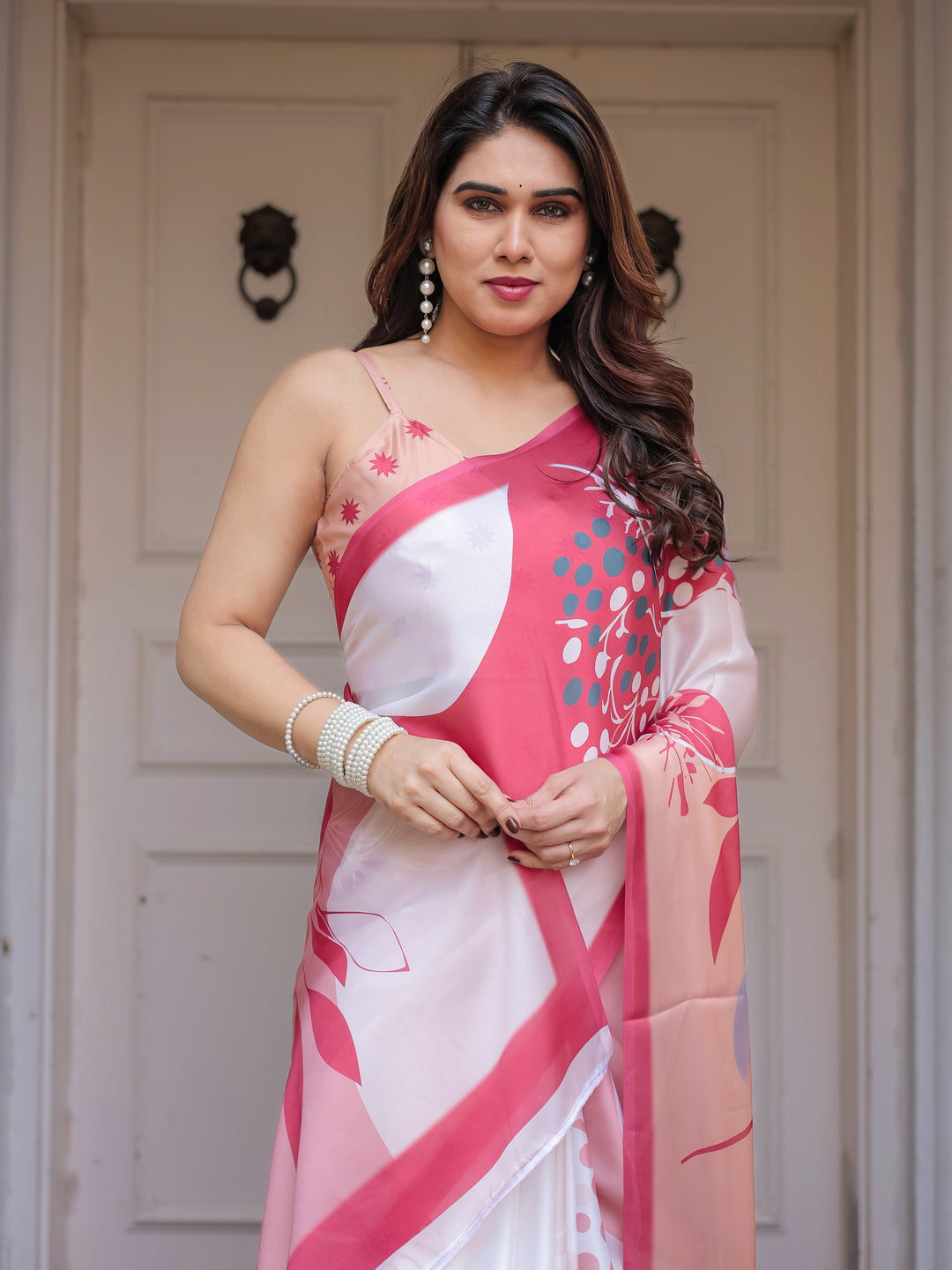 Peach Pink Botanical Printed Satin Georgette Saree with Matching Blouse – Soft Elegant Party & Day Festive Wear