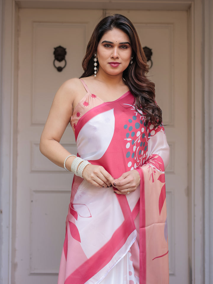 Peach Pink Botanical Printed Satin Georgette Saree with Matching Blouse – Soft Elegant Party & Day Festive Wear