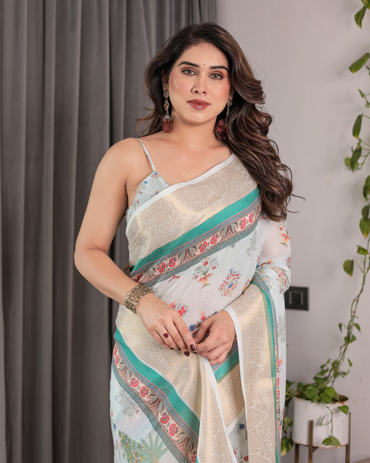 Ivory White Handloom Linen Saree with Royal Palace & Elephant Print | Gold Zari Border & Tassels | 5.5m Saree + 0.8m Blouse