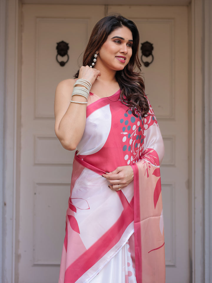 Peach Pink Botanical Printed Satin Georgette Saree with Matching Blouse – Soft Elegant Party & Day Festive Wear