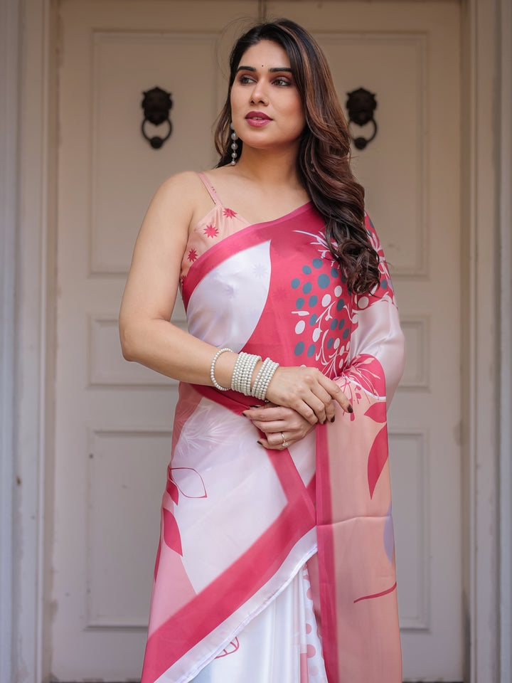 Peach Pink Botanical Printed Satin Georgette Saree with Matching Blouse – Soft Elegant Party & Day Festive Wear