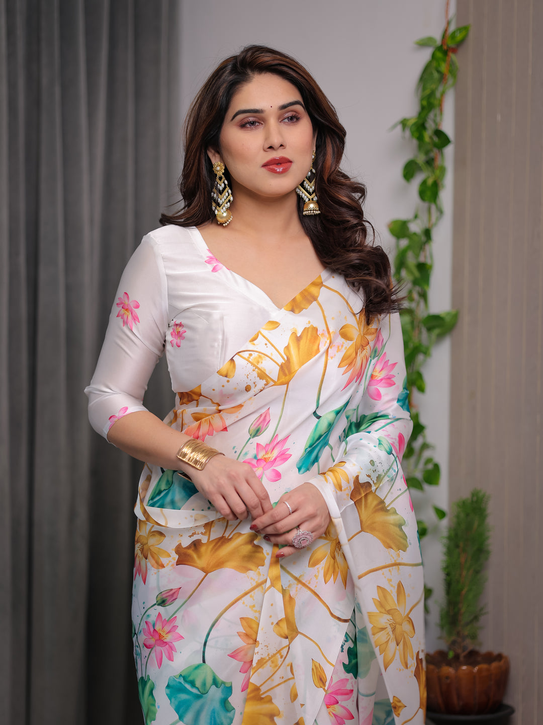 White Satin Georgette Lotus Floral Printed Saree with Attached Blouse – Elegant Watercolor Designer Saree for Festive & Graceful Occasions