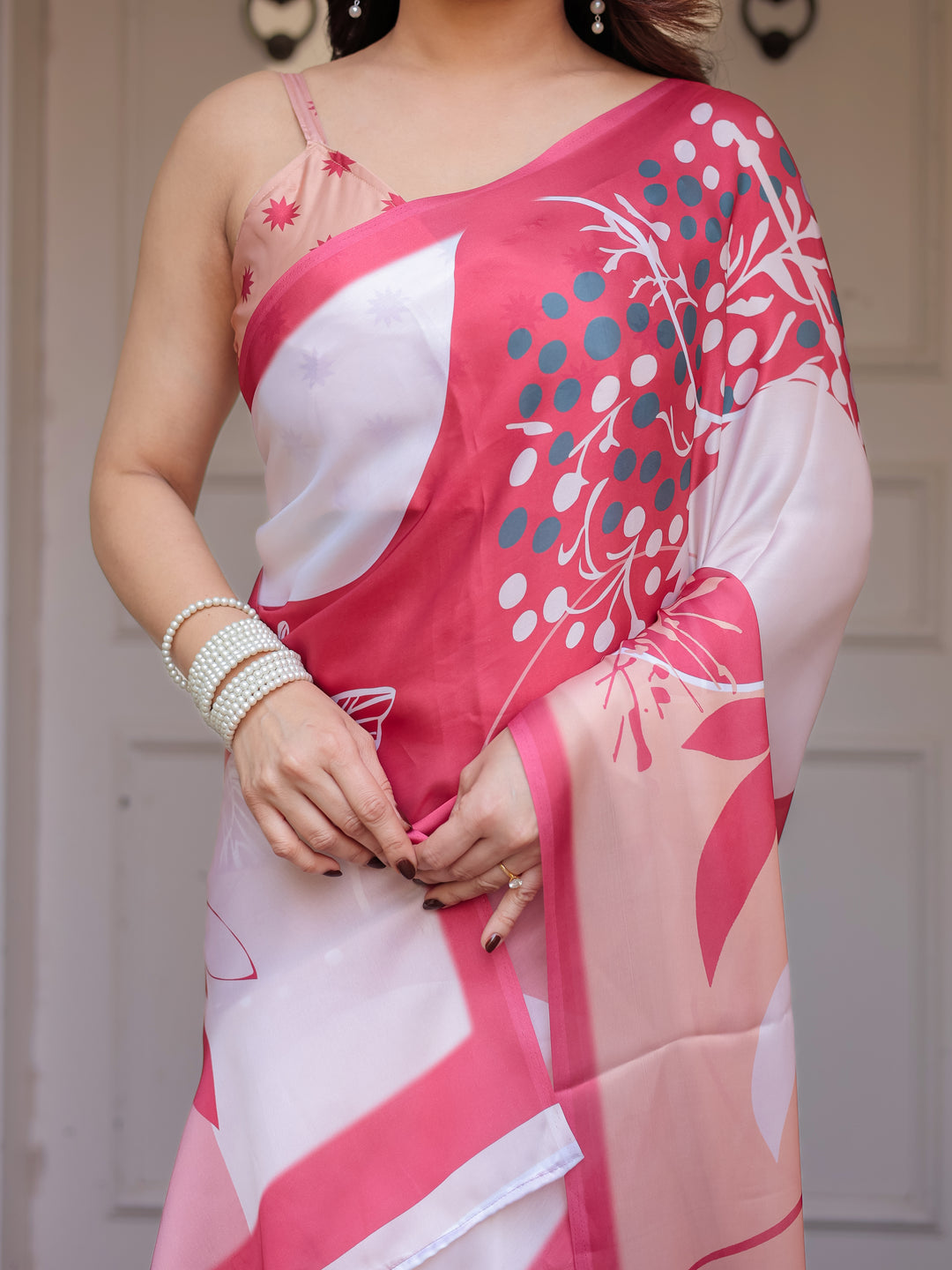 Peach Pink Botanical Printed Satin Georgette Saree with Matching Blouse – Soft Elegant Party & Day Festive Wear