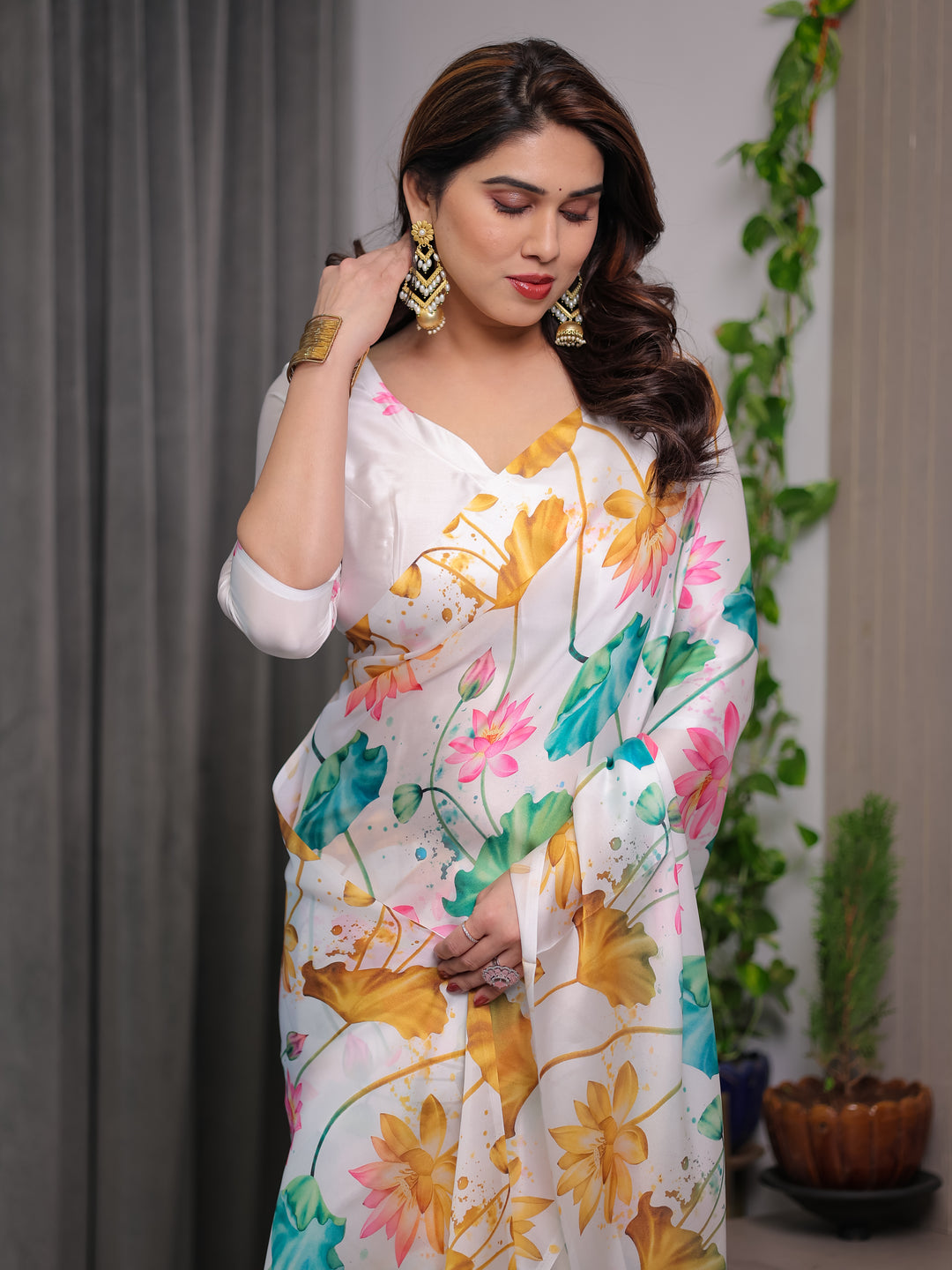 White Satin Georgette Lotus Floral Printed Saree with Attached Blouse – Elegant Watercolor Designer Saree for Festive & Graceful Occasions