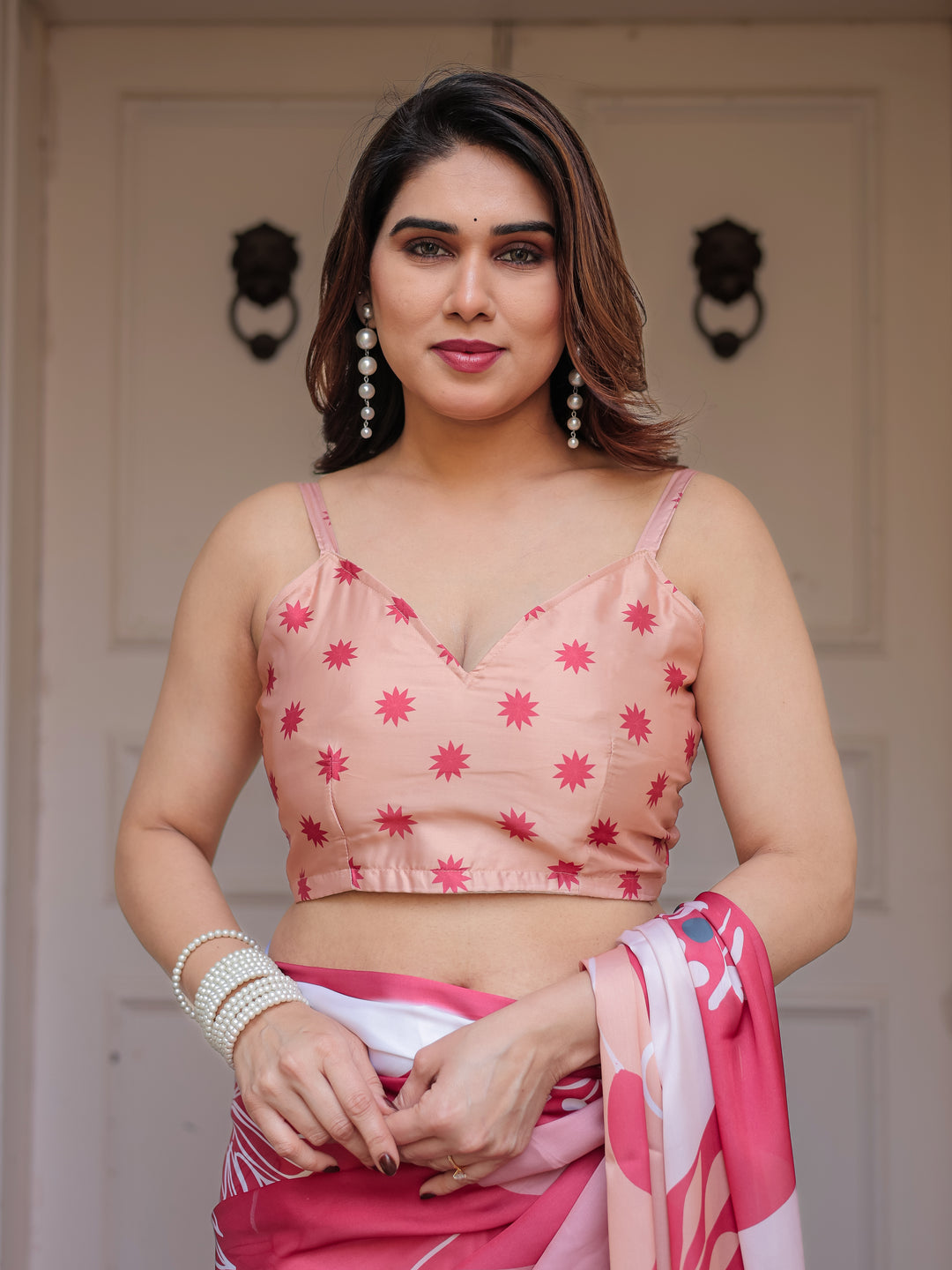 Peach Pink Botanical Printed Satin Georgette Saree with Matching Blouse – Soft Elegant Party & Day Festive Wear