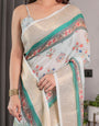 Ivory White Handloom Linen Saree with Royal Palace & Elephant Print | Gold Zari Border & Tassels | 5.5m Saree + 0.8m Blouse