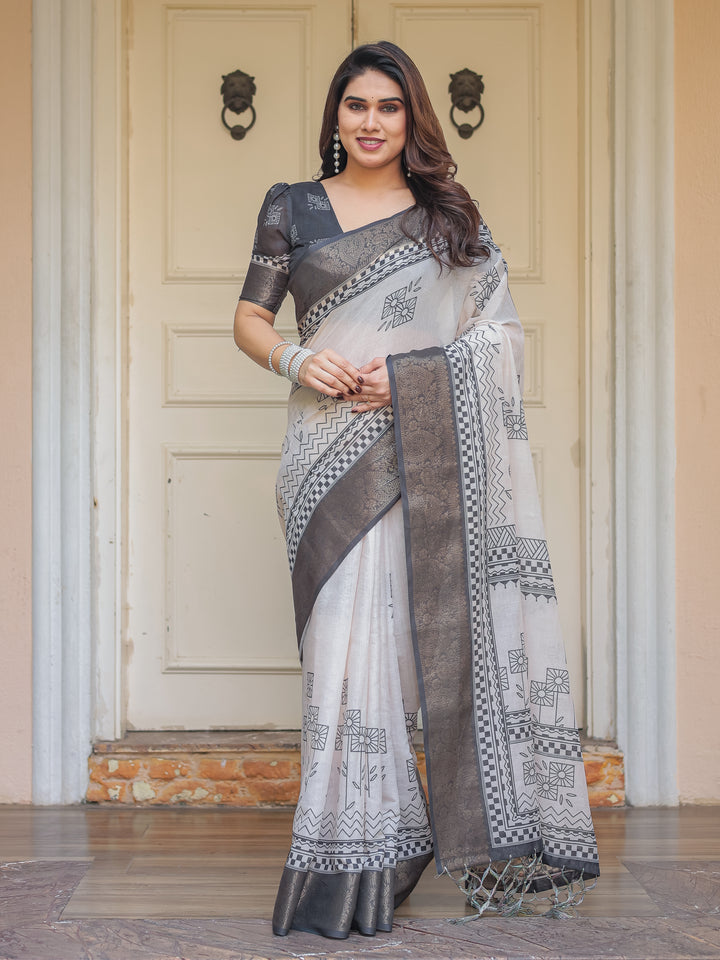 Charcoal Grey Handloom Cotton Printed Saree with Ethnic Geometric Pallu, Woven Border & Tassels – Classic Traditional Wear