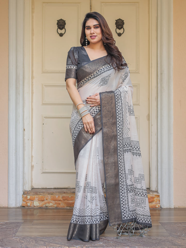 Charcoal Grey Handloom Cotton Printed Saree with Ethnic Geometric Pallu, Woven Border & Tassels – Classic Traditional Wear