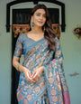 Dusty Blue Handloom Cotton Saree with Floral Print & Pink Cow Lotus Motif Pallu