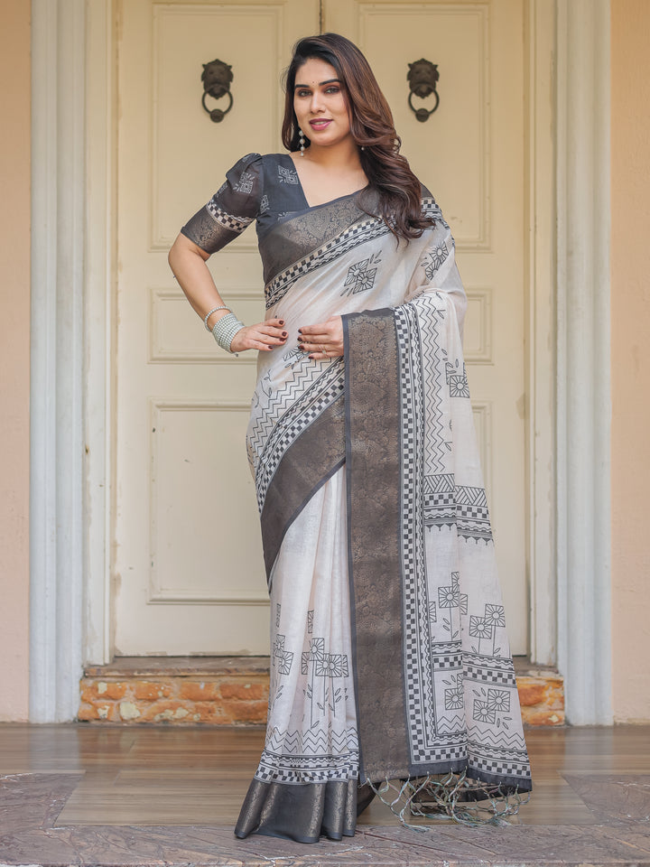 Charcoal Grey Handloom Cotton Printed Saree with Ethnic Geometric Pallu, Woven Border & Tassels – Classic Traditional Wear