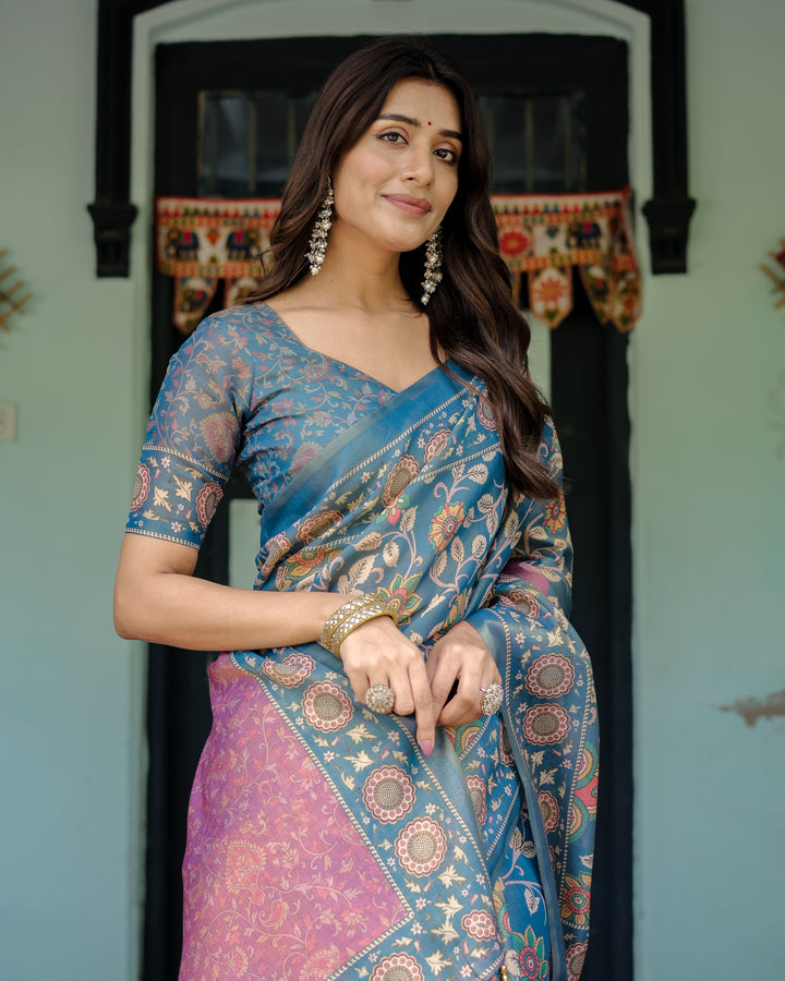 Dusty Blue Handloom Cotton Saree with Floral Print & Pink Cow Lotus Motif Pallu