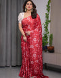 Red Satin Georgette Floral Printed Saree with Attached Blouse – Elegant Soft-Flow Designer Saree for Parties & Festive Wear