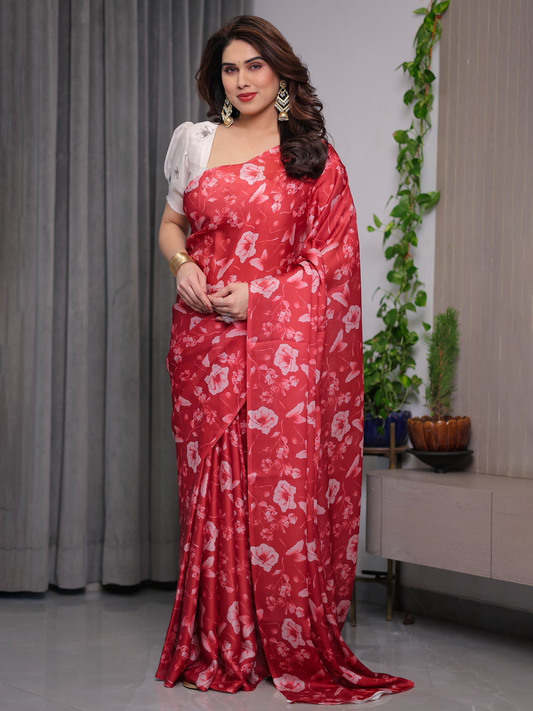 Red Satin Georgette Floral Printed Saree with Attached Blouse – Elegant Soft-Flow Designer Saree for Parties & Festive Wear