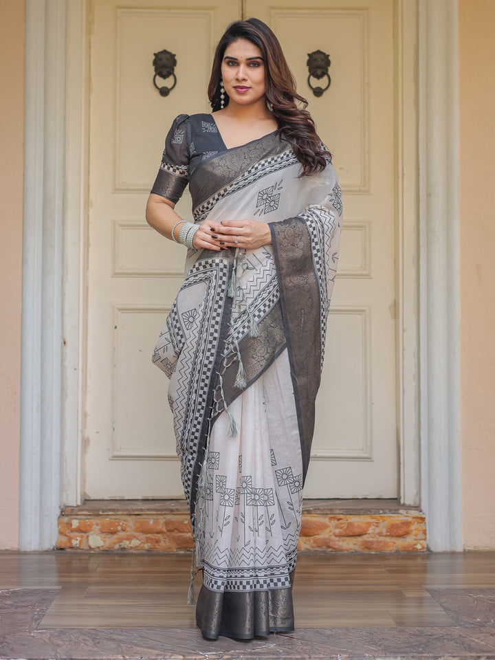 Charcoal Grey Handloom Cotton Printed Saree with Ethnic Geometric Pallu, Woven Border & Tassels – Classic Traditional Wear