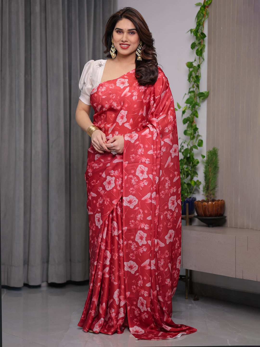 Red Satin Georgette Floral Printed Saree with Attached Blouse – Elegant Soft-Flow Designer Saree for Parties & Festive Wear
