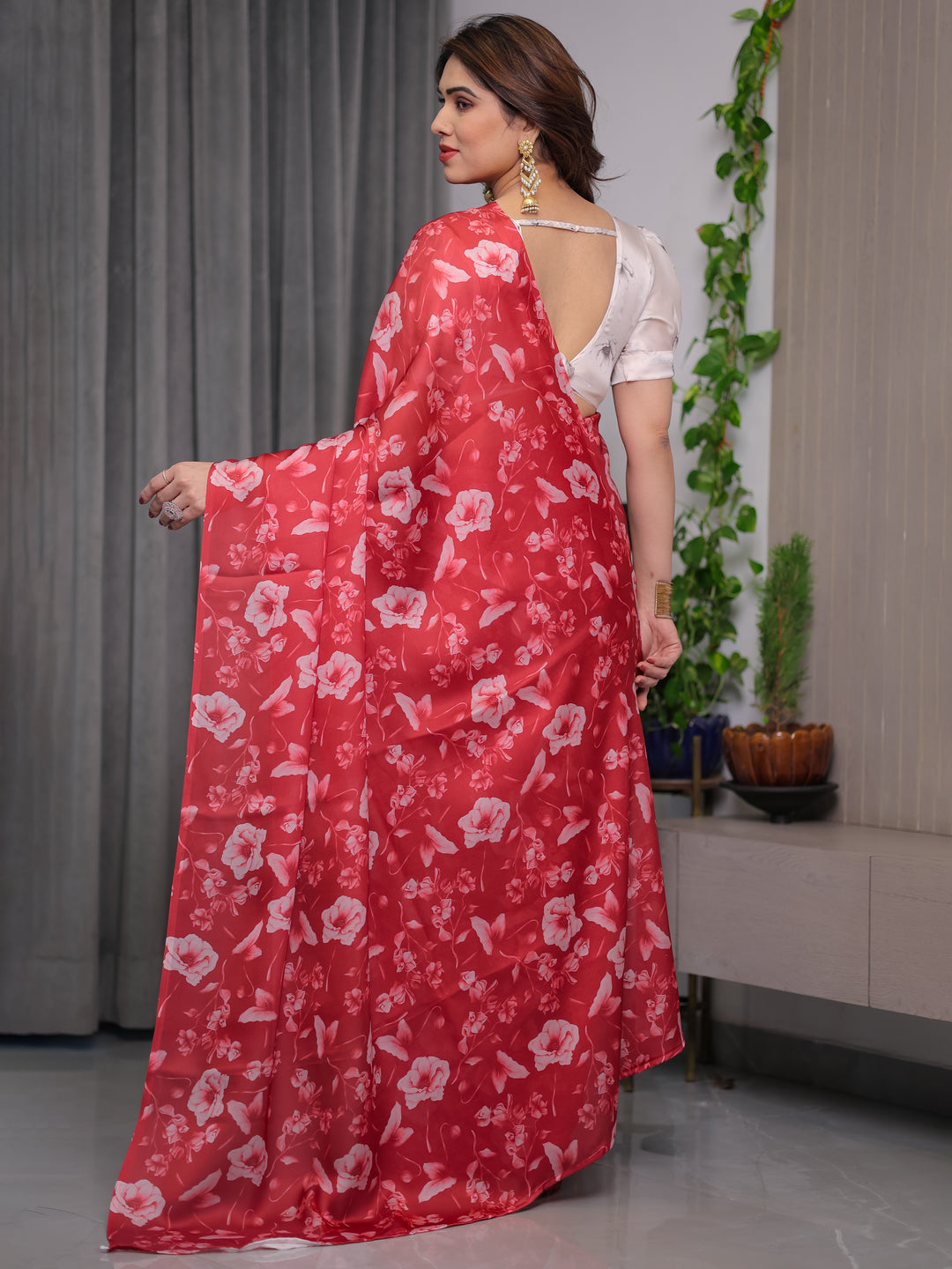 Red Satin Georgette Floral Printed Saree with Attached Blouse – Elegant Soft-Flow Designer Saree for Parties & Festive Wear