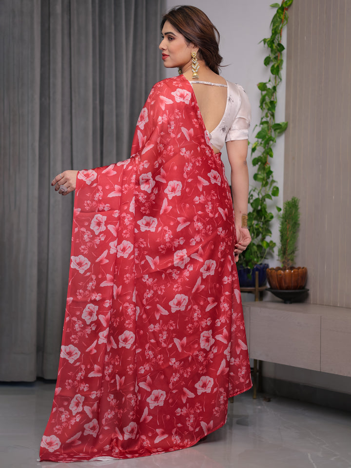 Red Satin Georgette Floral Printed Saree with Attached Blouse – Elegant Soft-Flow Designer Saree for Parties & Festive Wear