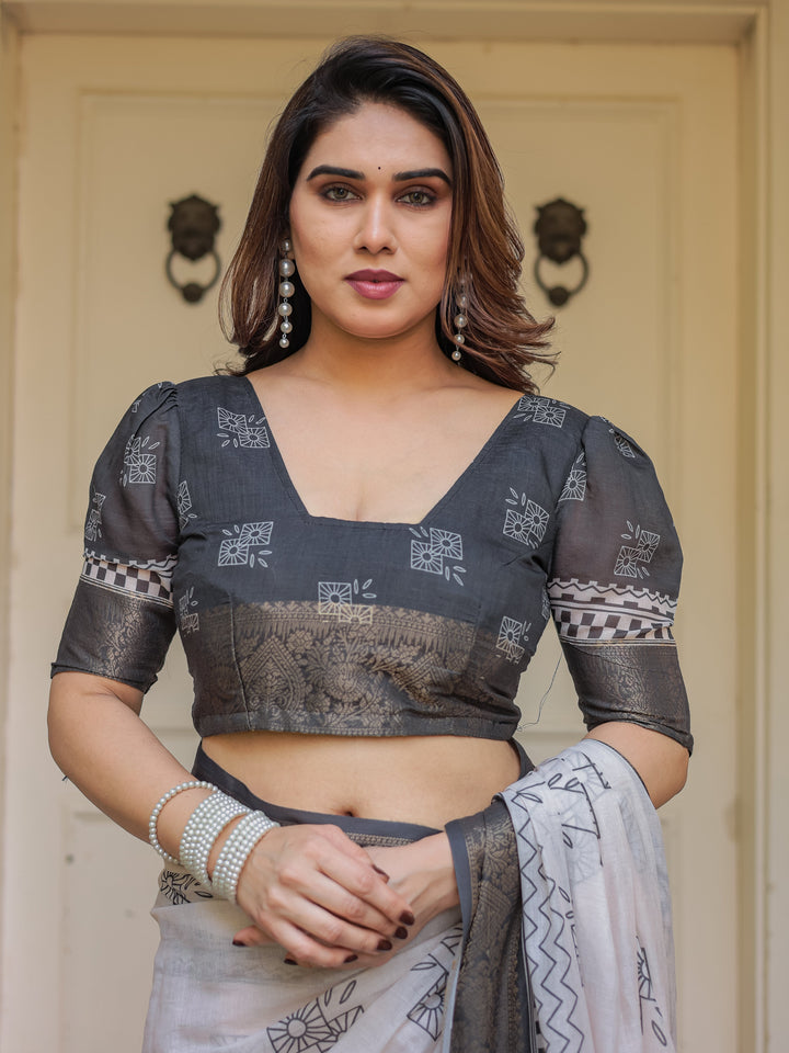 Charcoal Grey Handloom Cotton Printed Saree with Ethnic Geometric Pallu, Woven Border & Tassels – Classic Traditional Wear
