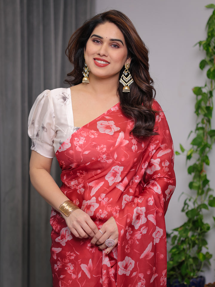 Red Satin Georgette Floral Printed Saree with Attached Blouse – Elegant Soft-Flow Designer Saree for Parties & Festive Wear